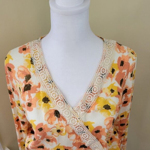 Downeast Blouse Long Sleeve Ivory Orange Yellow Floral Boho Shirt Womens Size L - Picture 2 of 9
